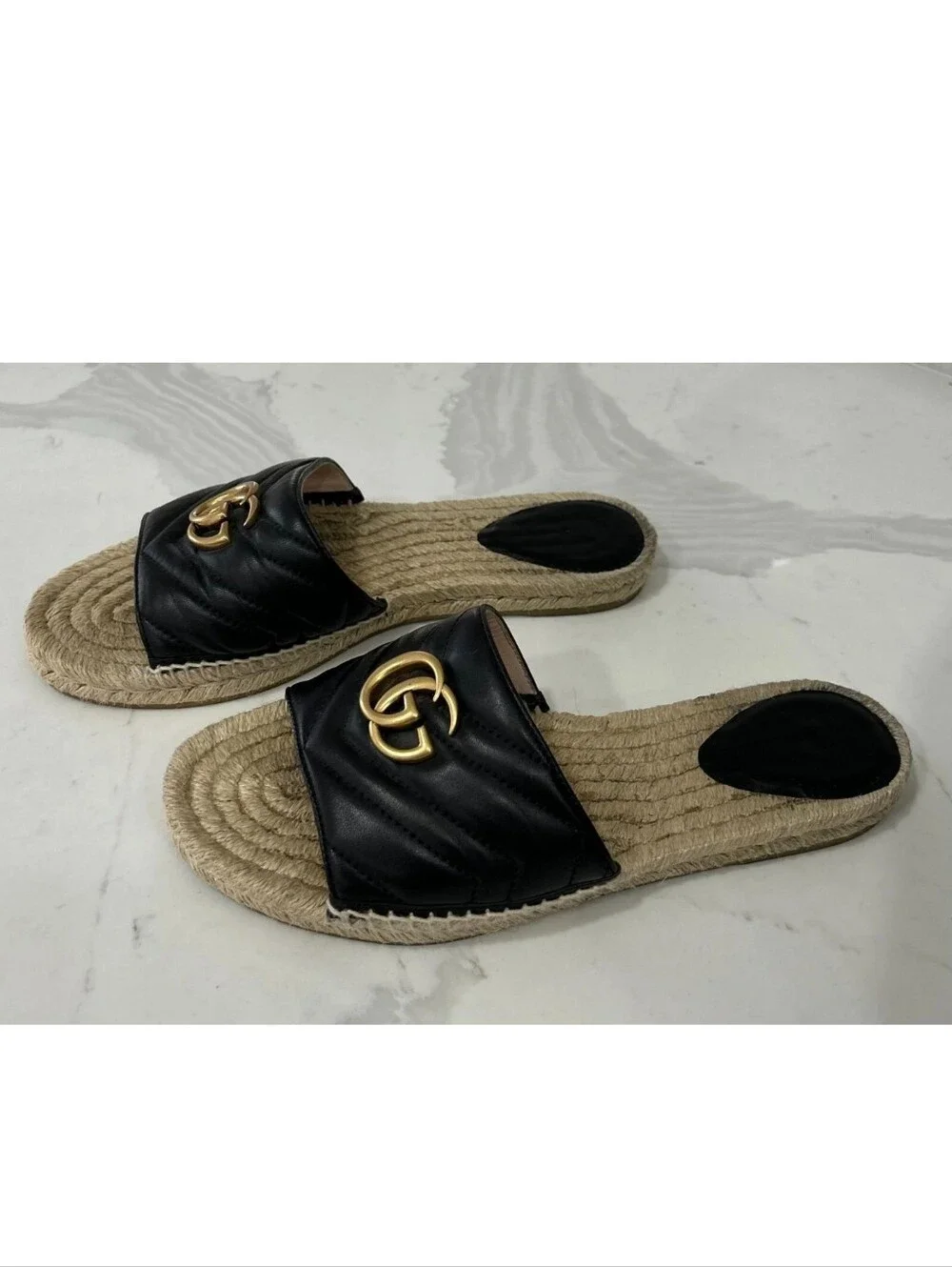 GUCCI Black Nappa Matelasse Gold GG Marmont Espadrille Slide Sandals 10 US = 41 - Picture 2 of 15